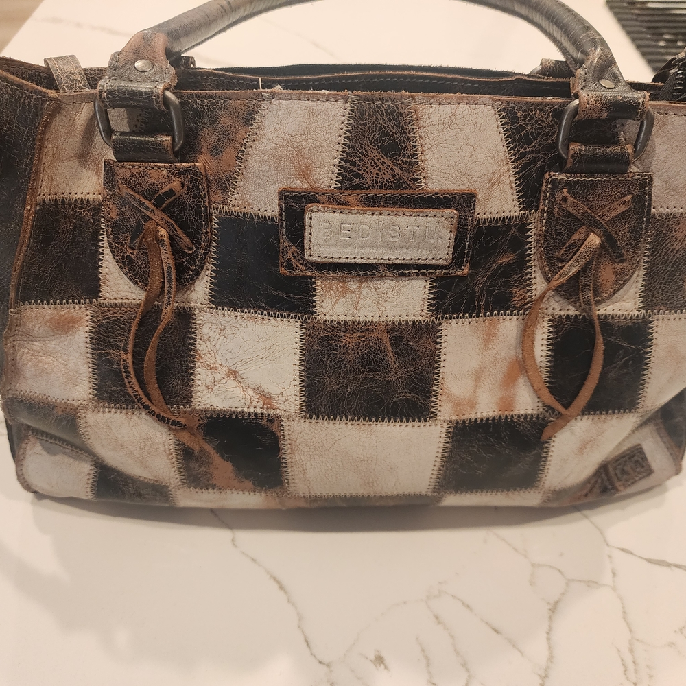 BED|STU Checkered Leather Satchel in Black/Brown and Cream